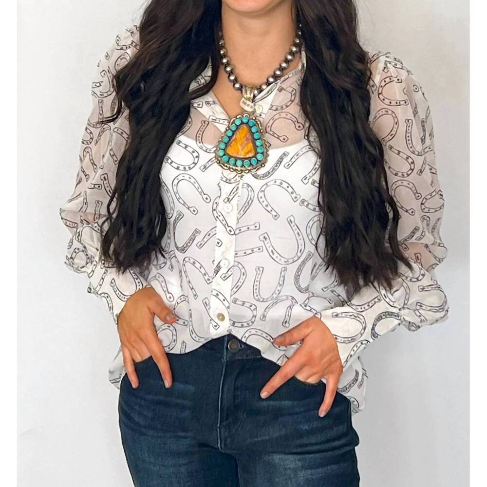 NEW TURQUOISE HAVEN sheer chiffon horseshoe print western blouse in black & whit